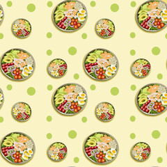 Healthy and Colorful Salad Bowl Illustration with Fresh Ingredients and Vegetables Seamless Pattern Wallpaper
