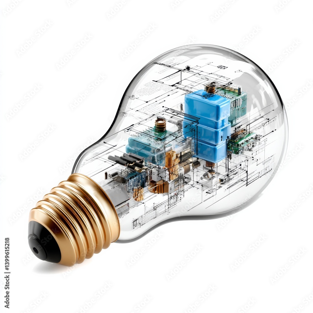 Poster illuminating innovation: a conceptual light bulb design displaying advanced internal components and 