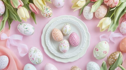 Pastel Easter background featuring a charming table setting with decorated eggs fresh tulips and elegant seasonal decor