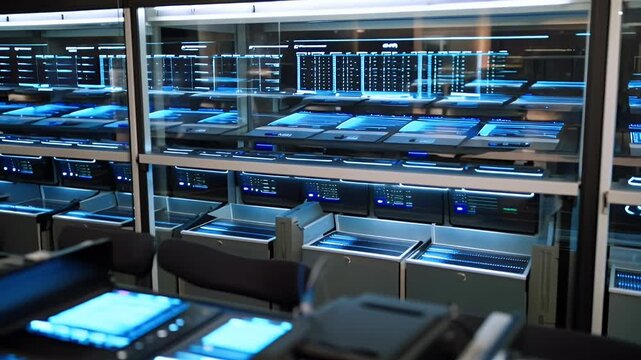 Network server room with computer racks and patch panels in a modern industrial interior