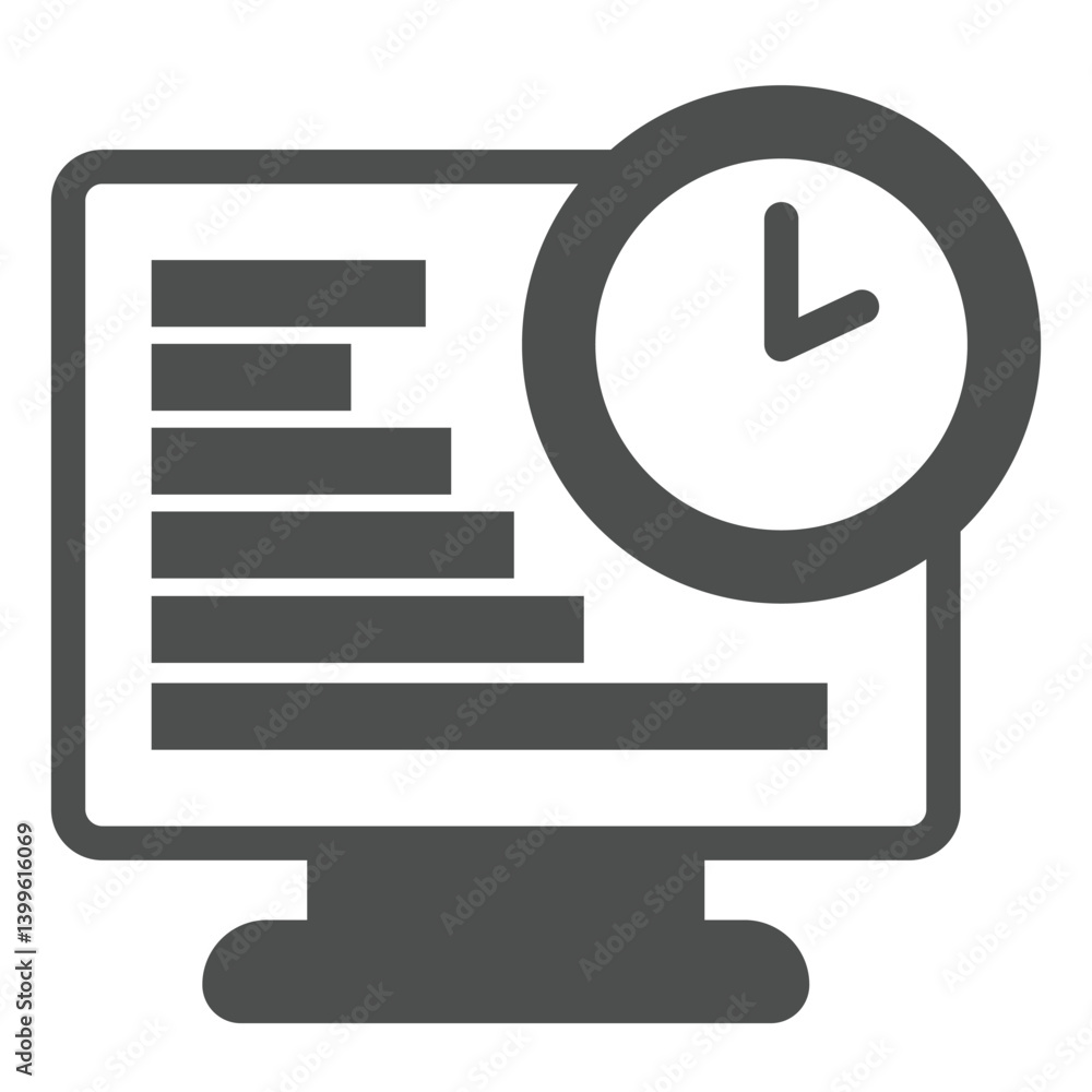 Poster monitor with chart and clock solid icon, remote work concept. vector graphics. marketer automation t