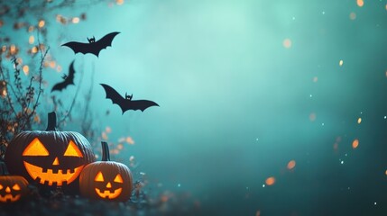 Glowing pumpkins illuminate a foggy Halloween night, while bats flutter above and autumn leaves dance in the air