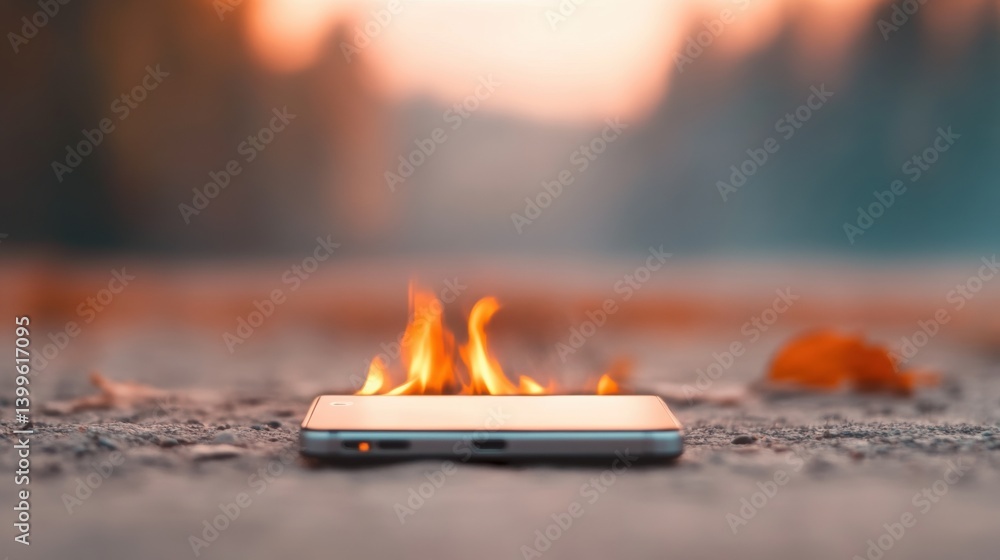 Poster a smartphone rests on the asphalt as flames rise from it, creating a stark contrast with the soft co