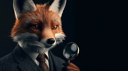 Anthropomorphic fox detective in a suit holding a magnifying glass on a black background