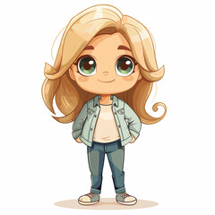 Cute little girl with long blond hair. Cartoon vector illustration
