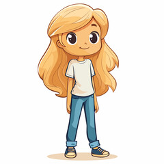 Cute cartoon little girl with long blonde hair. Vector illustration