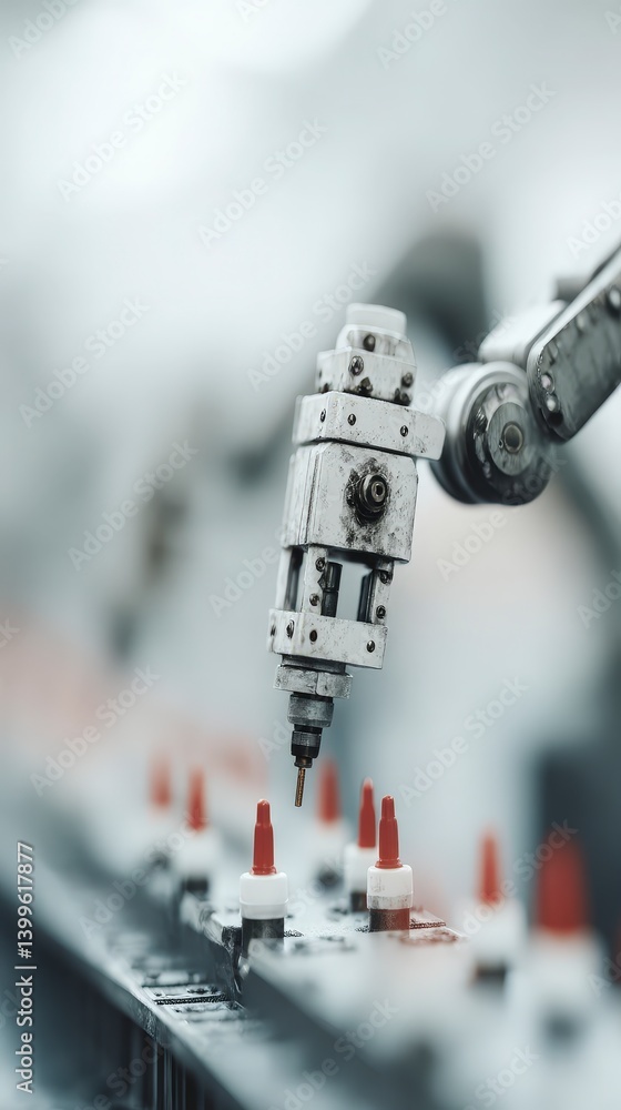 Poster robotic arm assembling precision parts in high tech factory
