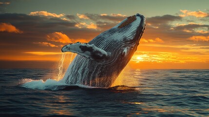 Fototapeta premium Majestic Humpback Whale Breaching at Sunset
