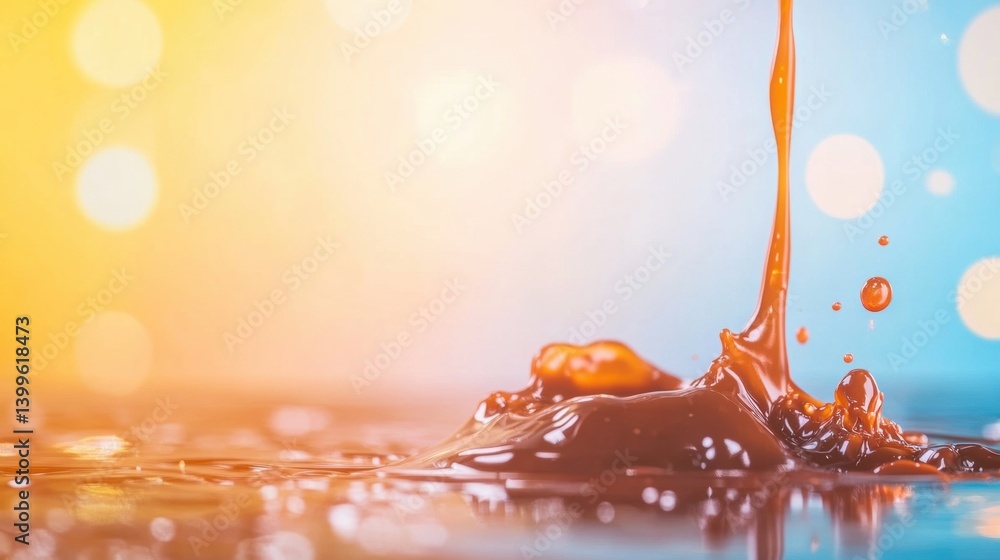 Aufkleber rich chocolate syrup creates a dynamic splash on a shiny surface as warm light glows in the backgrou