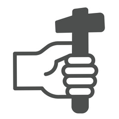 Hammer in hand solid icon, repair service concept. Vector graphics. Human hand with hammer sign on white background, glyph style icon for mobile or web design.