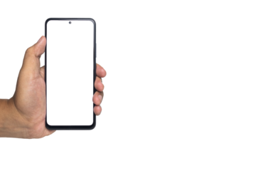 male hand holding smartphone with blank screen smartphone. isolated on white background. copy space. transparent png