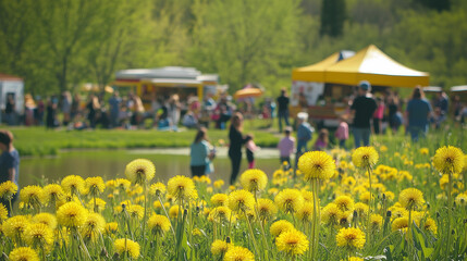 A vibrant spring celebration at the Dandelion Festival, the park teeming with life and laughter. Yellow flowers dominate the scenery, blending with the colorful stalls of food trucks and eco-friendly