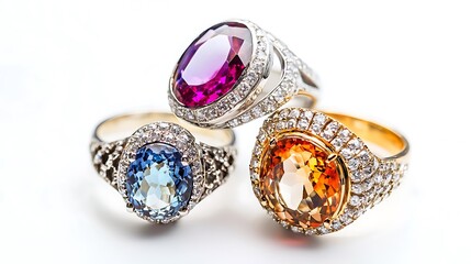 Naklejka premium Three rings with different colored gemstones