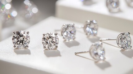 Row of diamond earrings are displayed on a white surface