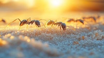 Fototapeta premium Ants marching on sand at sunrise