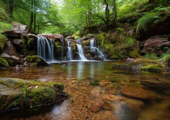 Serene waterfall flowing through lush green forest, surrounded by moss-covered rocks.