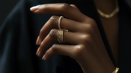 Woman is holding her hand up to show off her gold and diamond ring