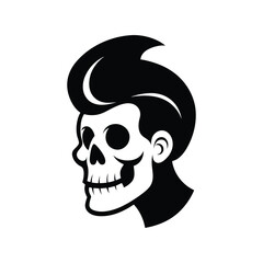 a black and white rockabilly skull with a slicked back hairstyle.eps