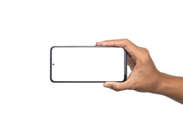 male hand holding smartphone horizontally with blank screen smartphone. isolated on white background. copy space. transparent png