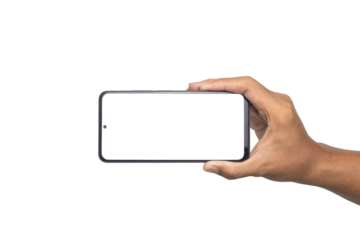 male hand holding smartphone horizontally with blank screen smartphone. isolated on white background. copy space. transparent png