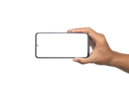 male hand holding smartphone horizontally with blank screen smartphone. isolated on white background. copy space. transparent png