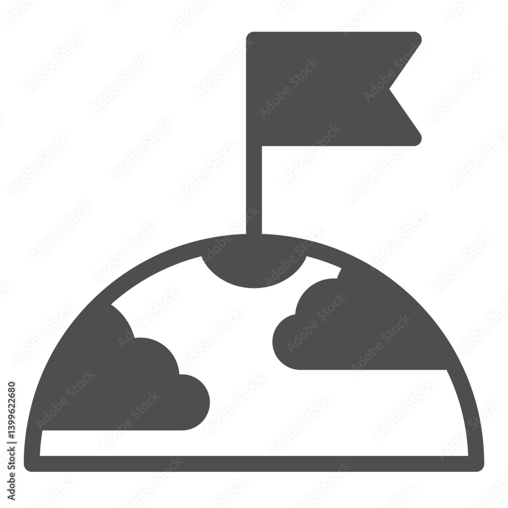Poster planet surface with clouds and flag solid icon, cosmos concept. vector graphics. first tearer mark o