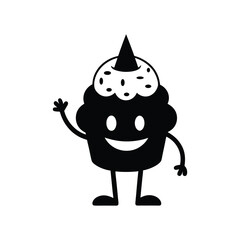 Black and white cupcake mascot with sprinkles and party hat.