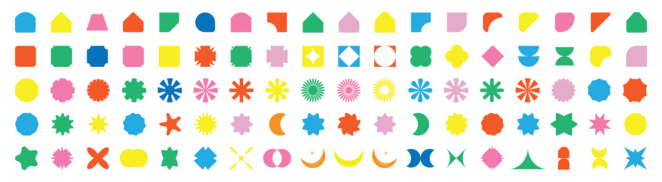 Abstract and basic shapes collection. Brutalist abstract geometric shapes and grids. Brutal contemporary figure star oval spiral flower and other primitive elements. colorful geometric formal shapes
