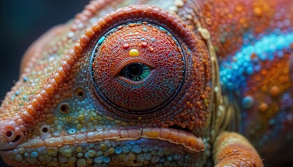 Naklejka premium Closeup Of A Colorful Lizard Eye Macro Photography Vivid Red Orange Blue Green