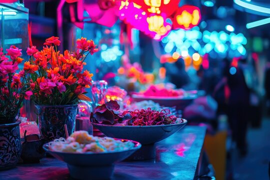 Vibrant night market scene with colorful flowers and prepared food, illuminated by neon lights. - Powered by Adobe