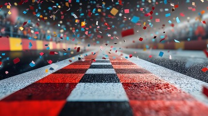 Podium on a racetrack finish line with confetti falling
