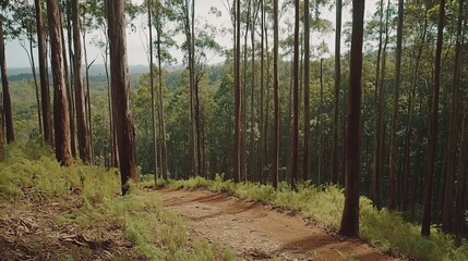 Walking on Forest Trail Through Tall Trees and Lush Greenery