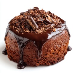Chocolate cake with frosting and shavings isolated on white background