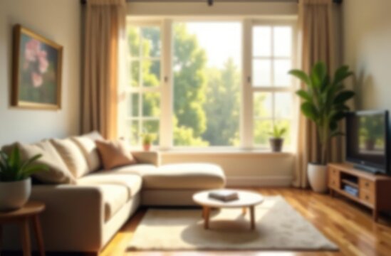 Blur living room at home with morning sunlight at big window for background usage. blur interior background