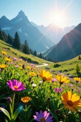 Fototapeta premium Sunlight filters through flowers in a mountain meadow, flowers, wildflowers