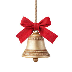 Christmas bell with red bow hanging on a rope. Festive holiday decoration isolated on white background.