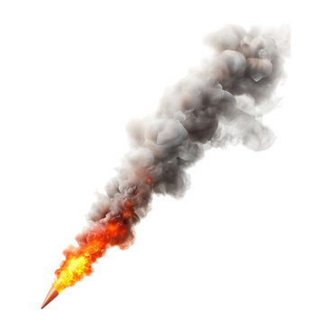 Isolated rocket launch smoke plume effect fire explosion trail on black background for compositing design on transparent background