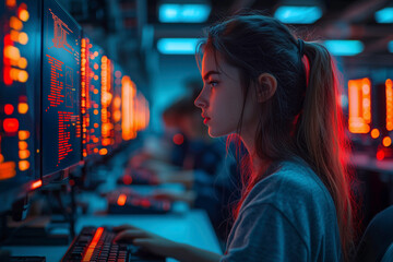 Focused young female student learning programming in computer lab