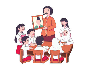 Indonesian elementary classroom scene celebrating National Education Day with students and teacher learning together.