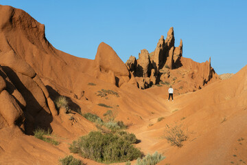 A solo female traveler walking though the scenic sandstone landscape of Fairy Tale canyon in...