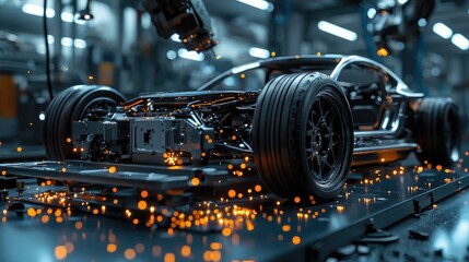 Fototapeta premium Automated car chassis assembly. Precision robotic arm working on vehicle frame. Modern manufacturing process