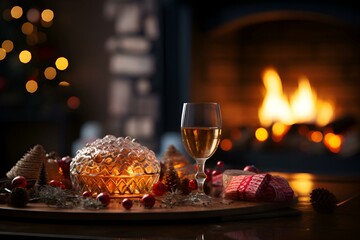 Cozy Christmas Evening by the Fireplace  Wine.  Sweet Treat.  and Festive Cheer