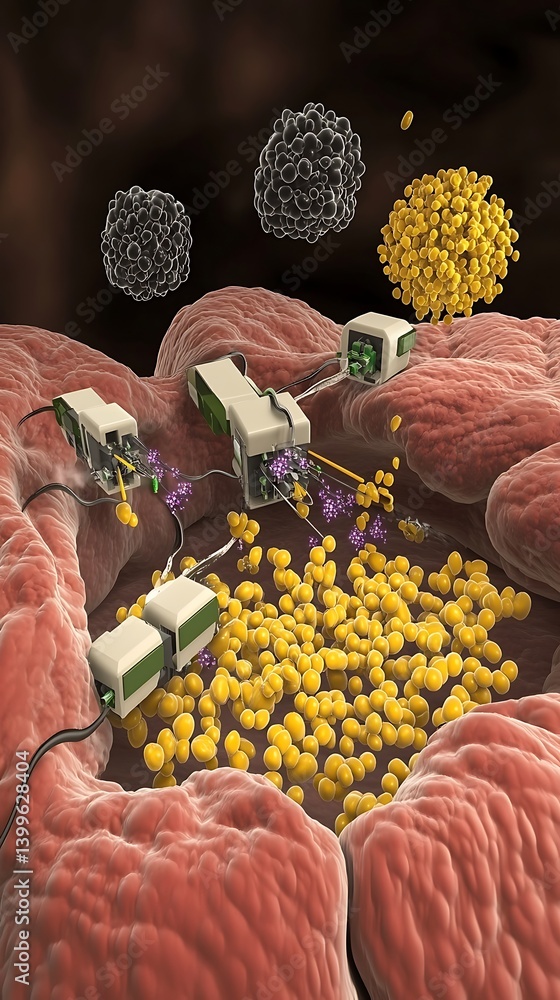 Poster microscopic illustration of nanobots interacting with pathogens and cells. nanorobots targeting infe