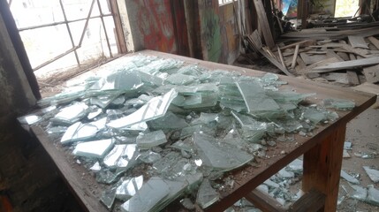A shattered window in a building, glass fragments scattered on the floor - field destruction hazard sill sharp