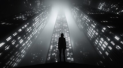 A high-contrast monochrome urban skyline at night, with towering skyscrapers and glowing windows forming a rhythmic pattern against the dark sky, dramatic perspective and sharp architectural lines.