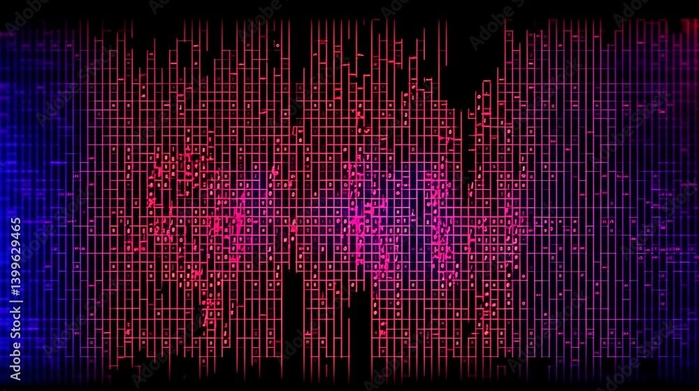 Poster abstract digital artwork with vibrant red and blue colors, showing vertical lines and intricate patt