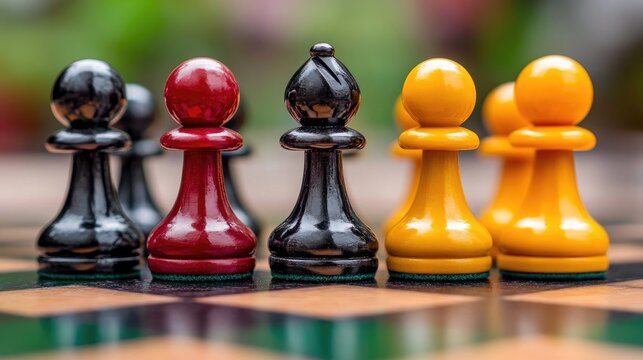 A chessboard where all pieces are identical in shape, differentiated only by color