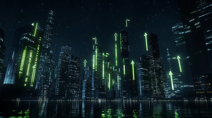 Futuristic city skyline at night, illuminated with rising green arrows