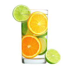 Refreshing citrus infused water with orange and lime slices in a glass. Healthy lifestyle and detox concept.