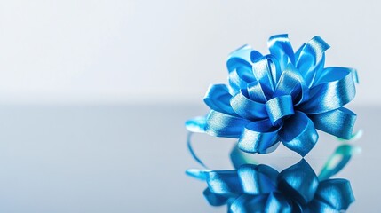 Close-up of a blue gift ribbon bow on a white background with a reflection, minimal concept, gift decoration for a special event or holiday party, a commercial photo